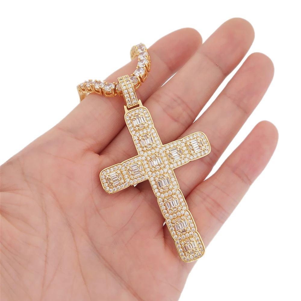 Baguette Cluster Cross Bling Pendant in White / Yellow Gold Yellow Gold HipHopBling