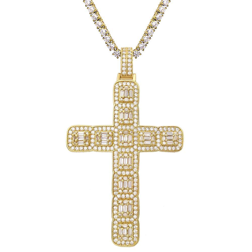 Baguette Cluster Cross Bling Pendant in White / Yellow Gold Yellow Gold HipHopBling