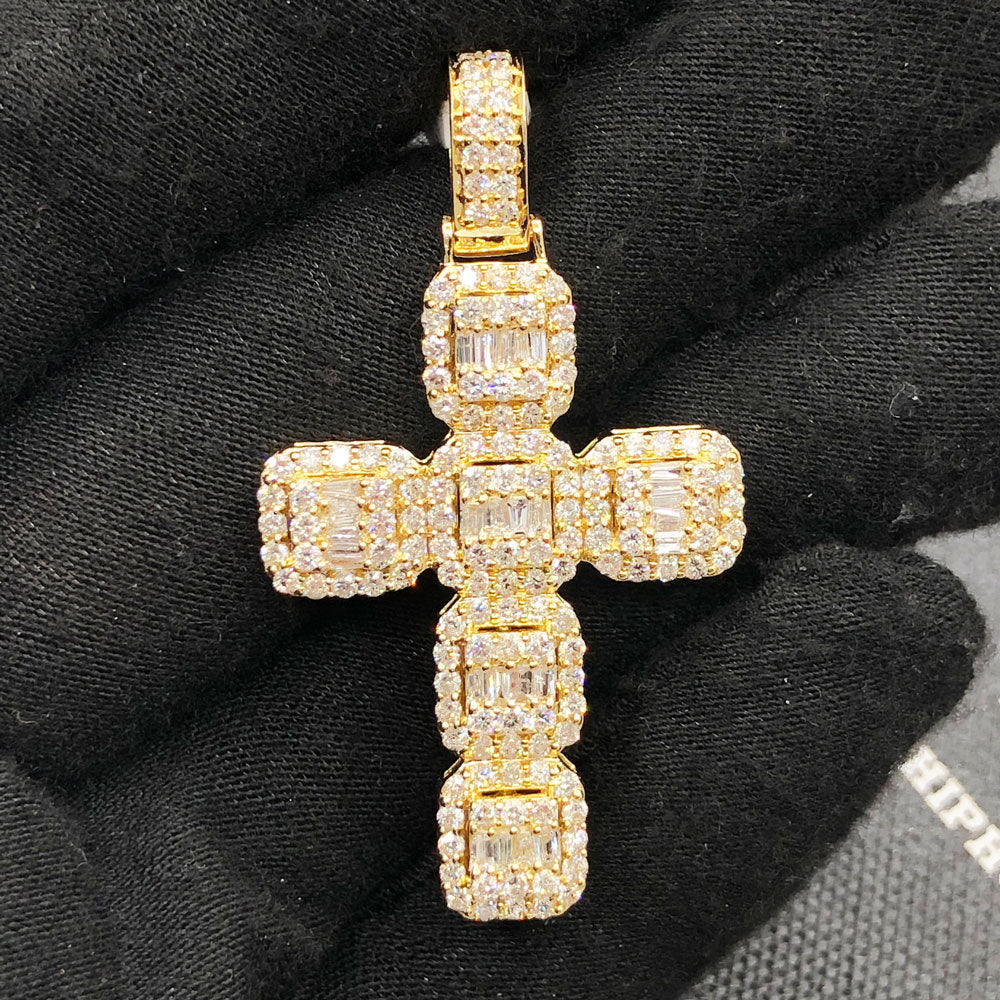 Baguette Cluster Cushion Cross 2.82cttw Diamond Pendant 10K Yellow Gold HipHopBling