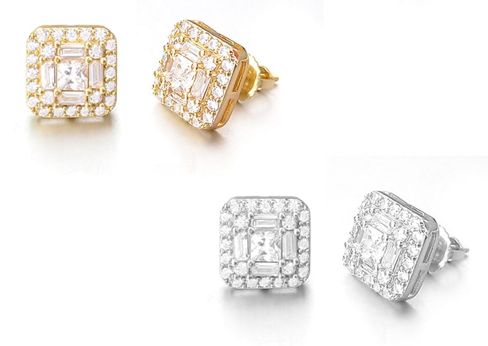 Baguette Cluster CZ Iced Out Earrings .925 Silver White Gold HipHopBling