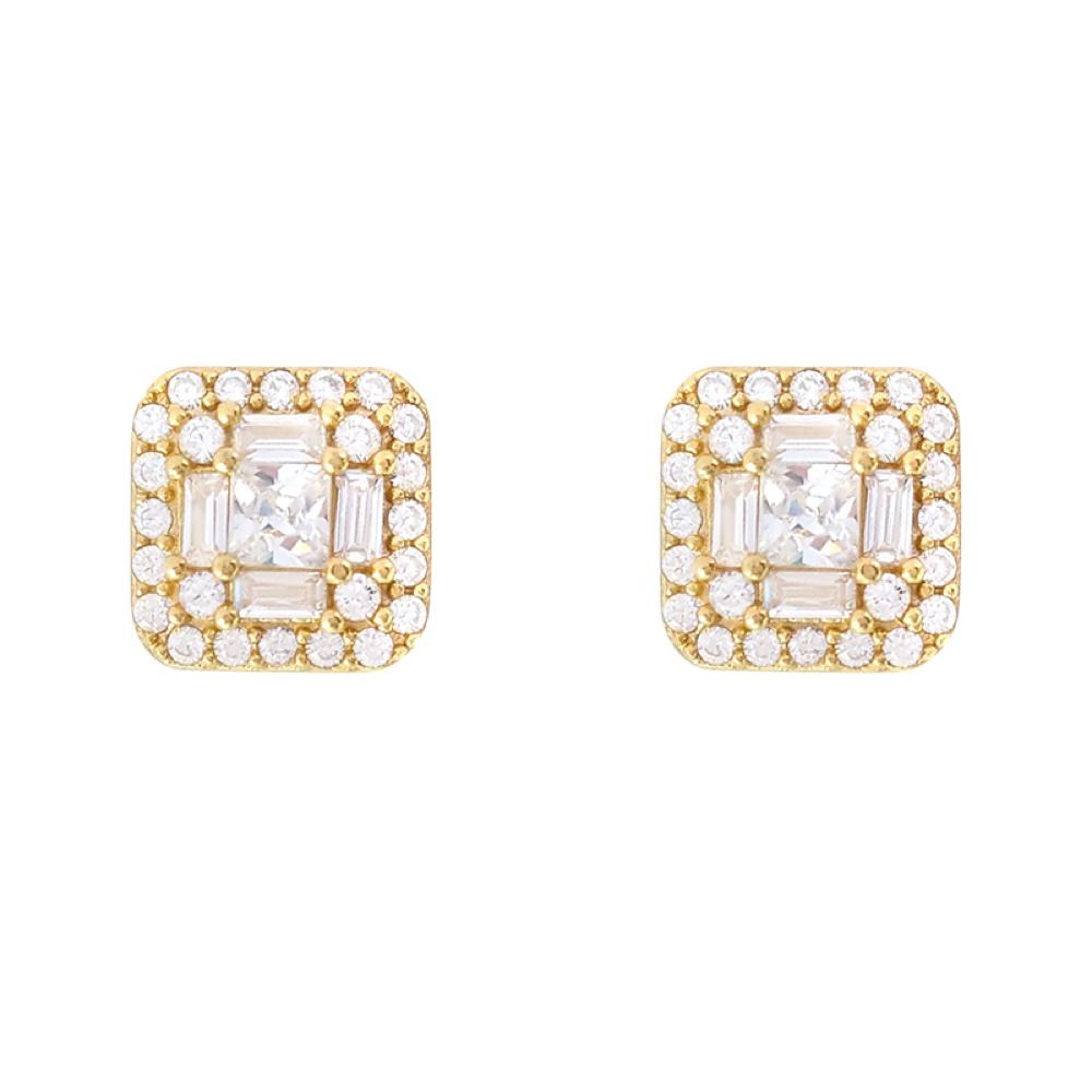 Baguette Cluster CZ Iced Out Earrings .925 Silver Yellow Gold HipHopBling