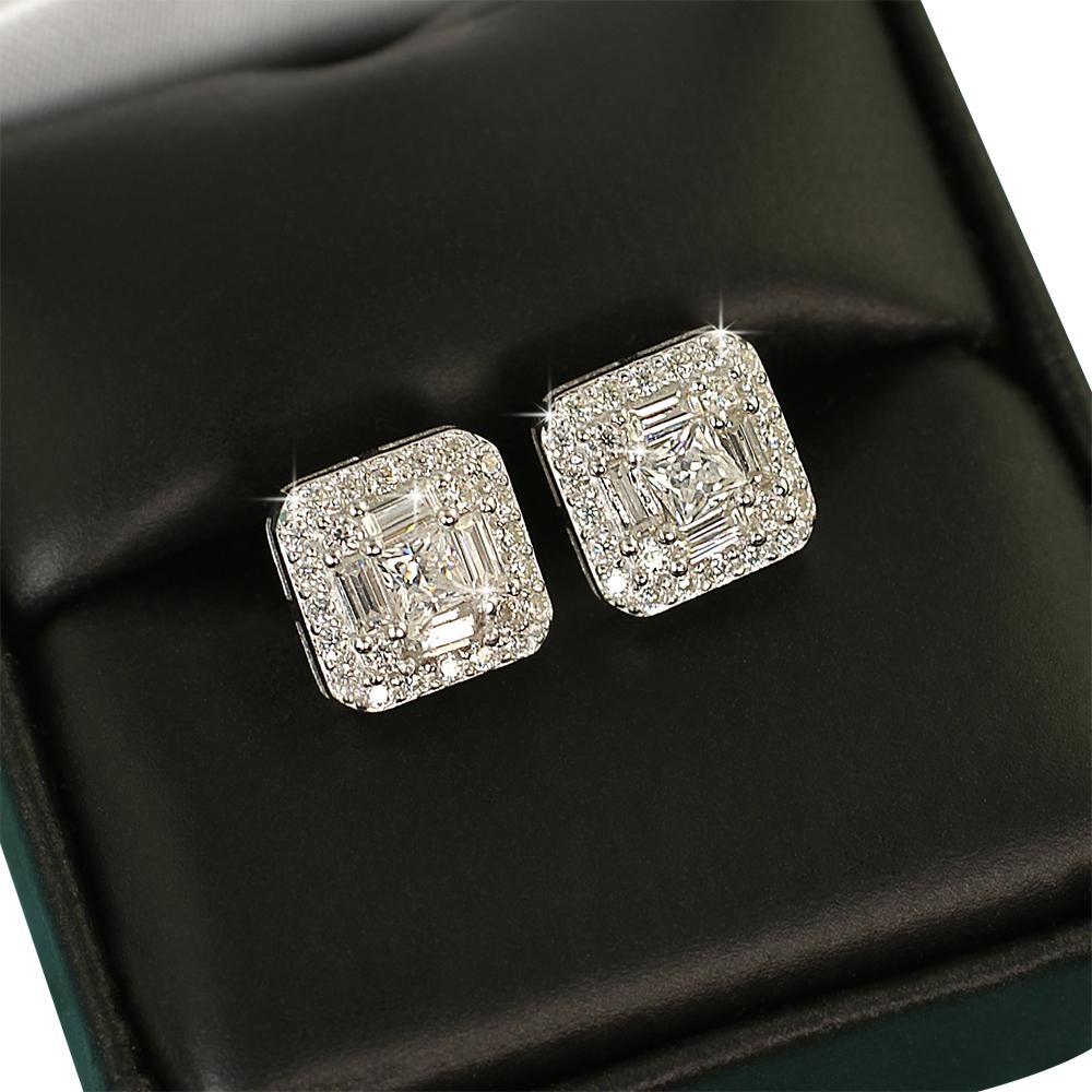 Baguette Cluster VVS Moissanite Earrings .925 Sterling Silver Yellow Gold HipHopBling