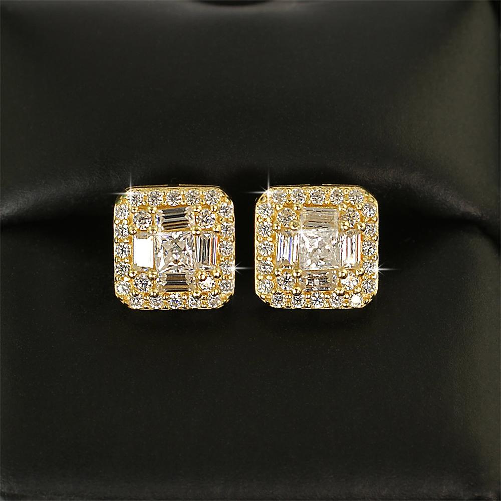 Baguette Cluster VVS Moissanite Earrings .925 Sterling Silver Yellow Gold HipHopBling