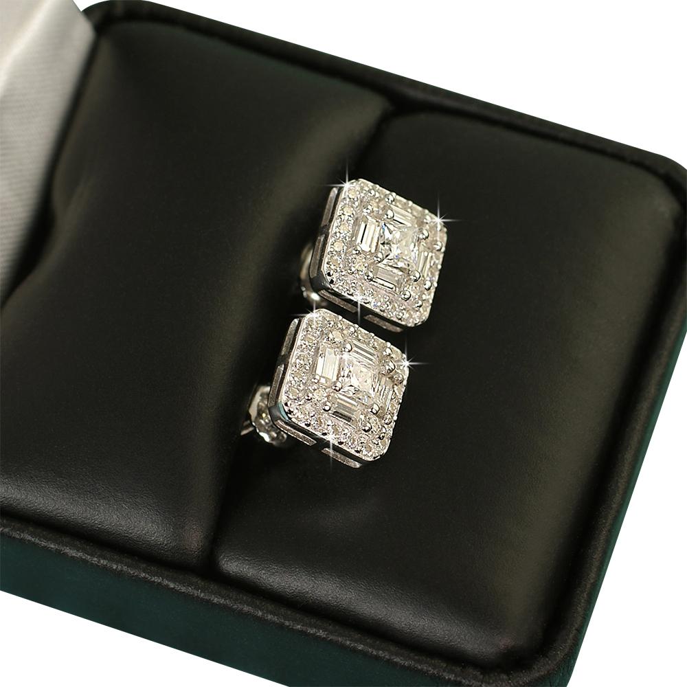 Baguette Cluster VVS Moissanite Earrings .925 Sterling Silver Yellow Gold HipHopBling