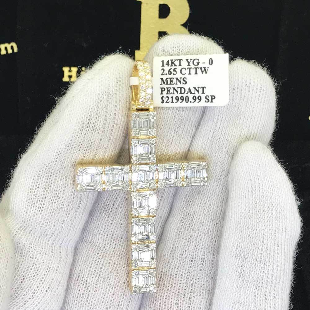 Baguette Cross 2.65 Carats Diamond 14K Yellow Gold Solid Back HipHopBling
