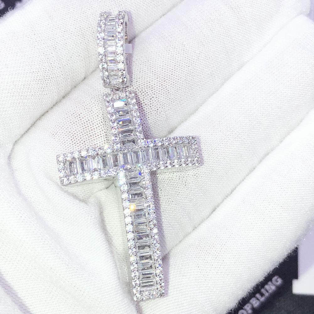 Baguette Cross CZ Hip Hop Iced Out Pendant White Gold HipHopBling