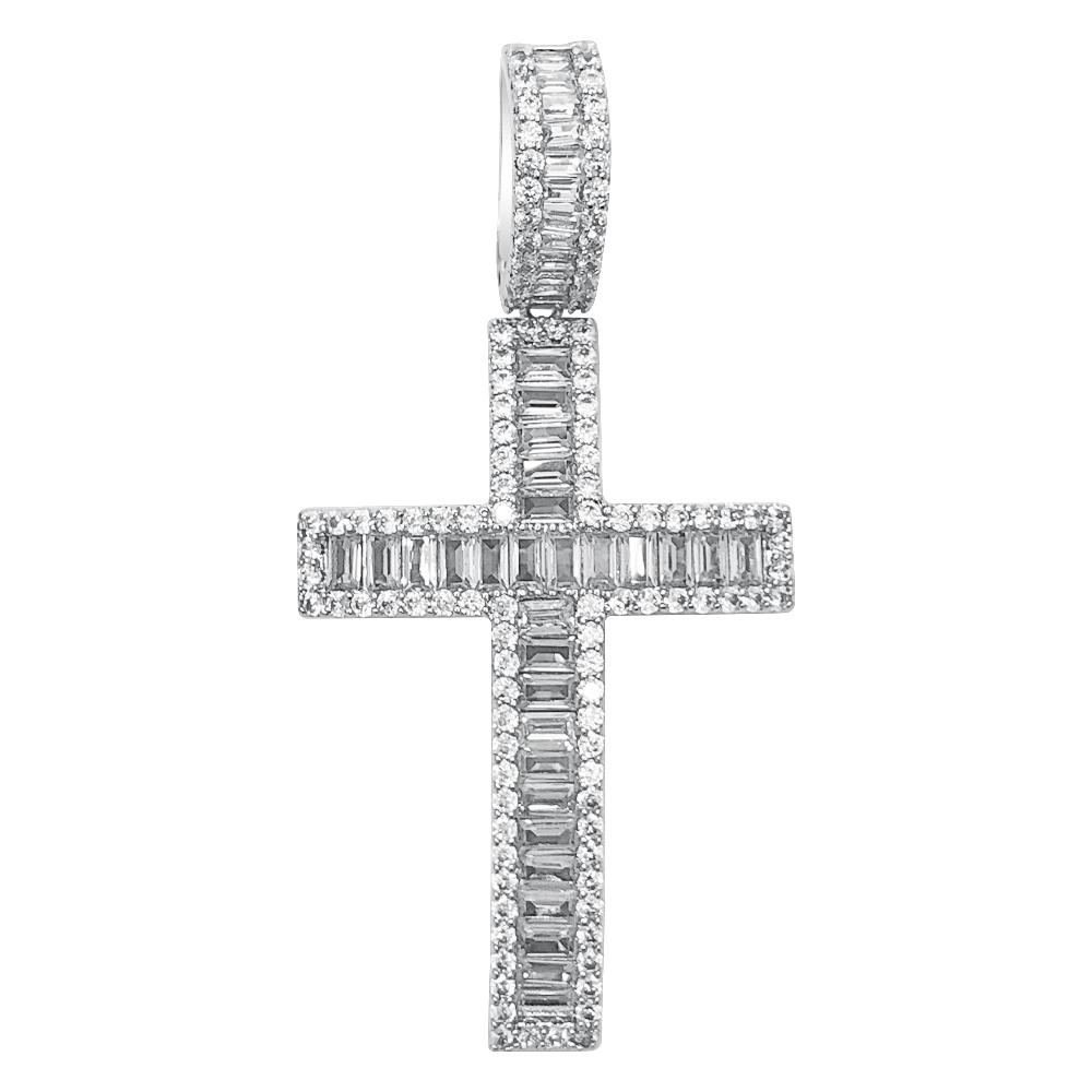 Baguette Cross CZ Hip Hop Iced Out Pendant White Gold HipHopBling