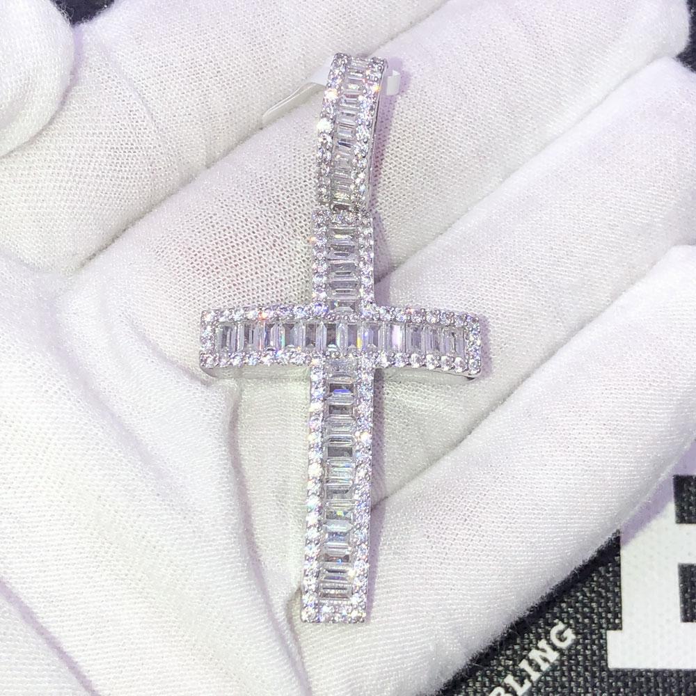 Baguette Cross CZ Hip Hop Iced Out Pendant White Gold HipHopBling