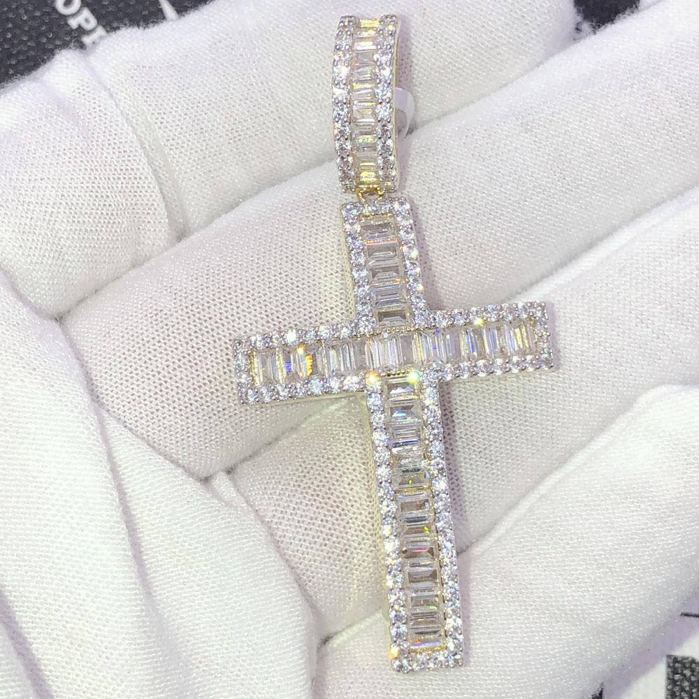 Baguette Cross CZ Hip Hop Iced Out Pendant Yellow Gold HipHopBling