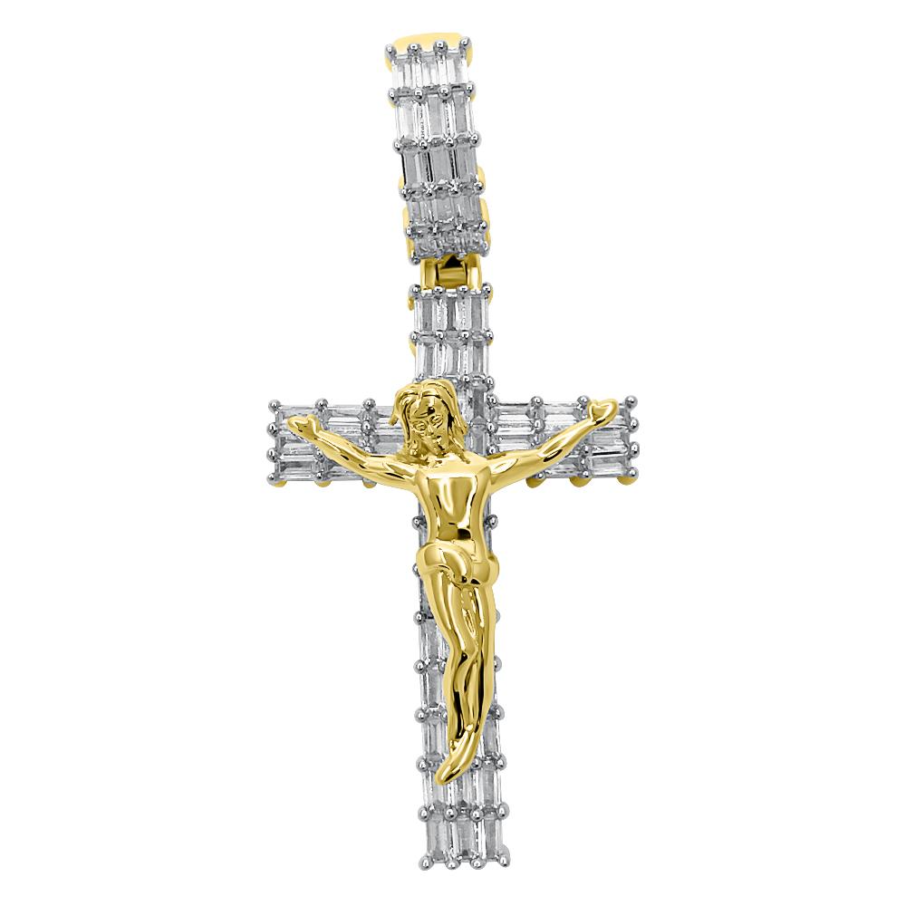 Baguette Crucifix 3 Row Cross VVS CZ Hip Hop Iced Out Pendant Yellow Gold HipHopBling