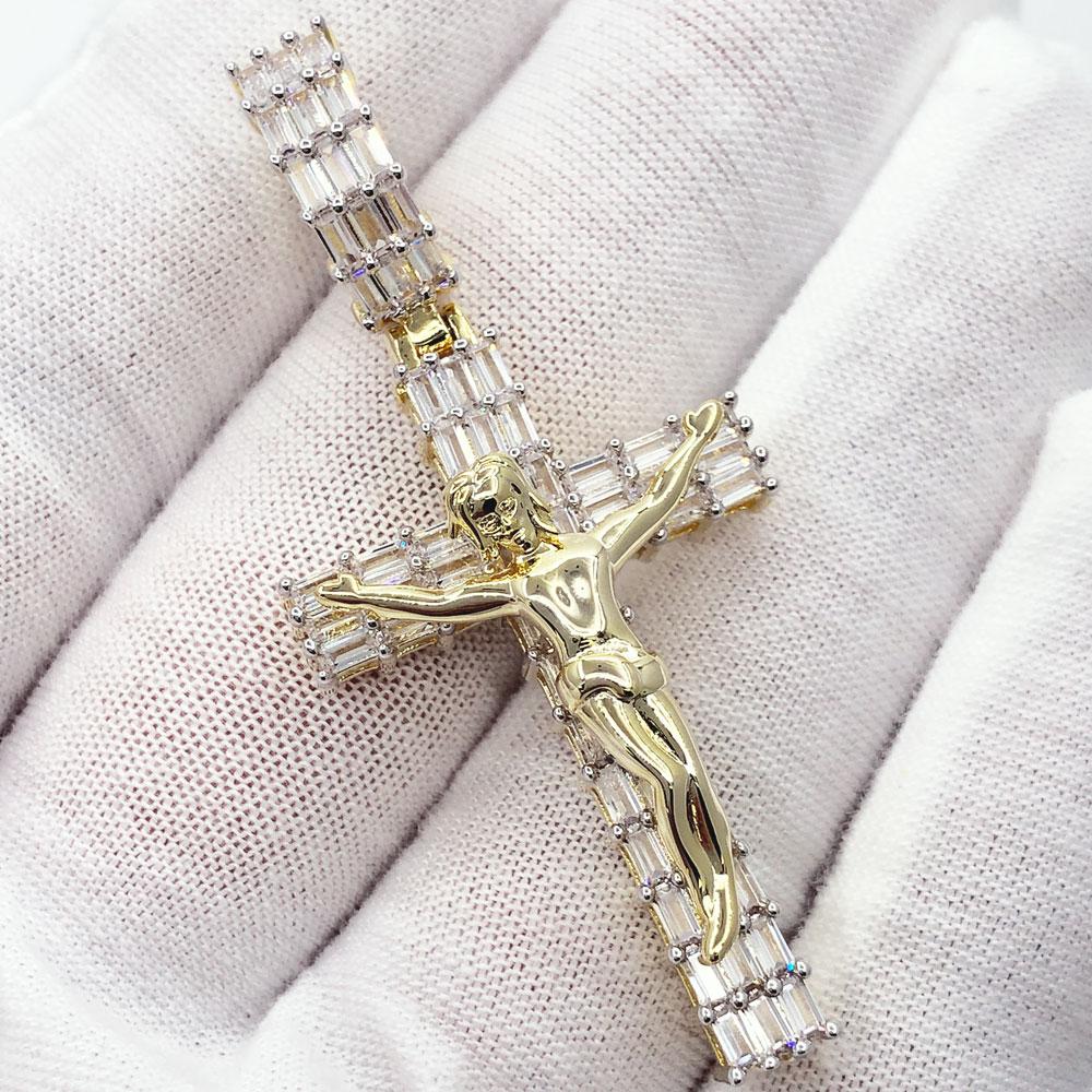 Baguette Crucifix 3 Row Cross VVS CZ Hip Hop Iced Out Pendant Yellow Gold HipHopBling