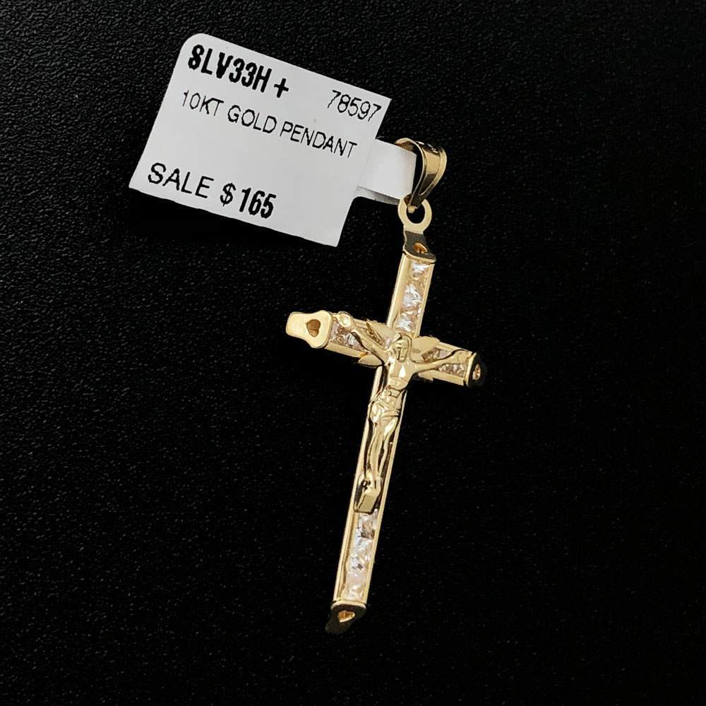 Baguette Crucifix CZ 10K Yellow Gold Pendant HipHopBling