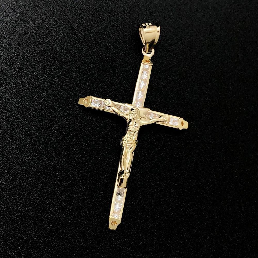 Baguette Crucifix Large CZ 10K Yellow Gold Pendant HipHopBling