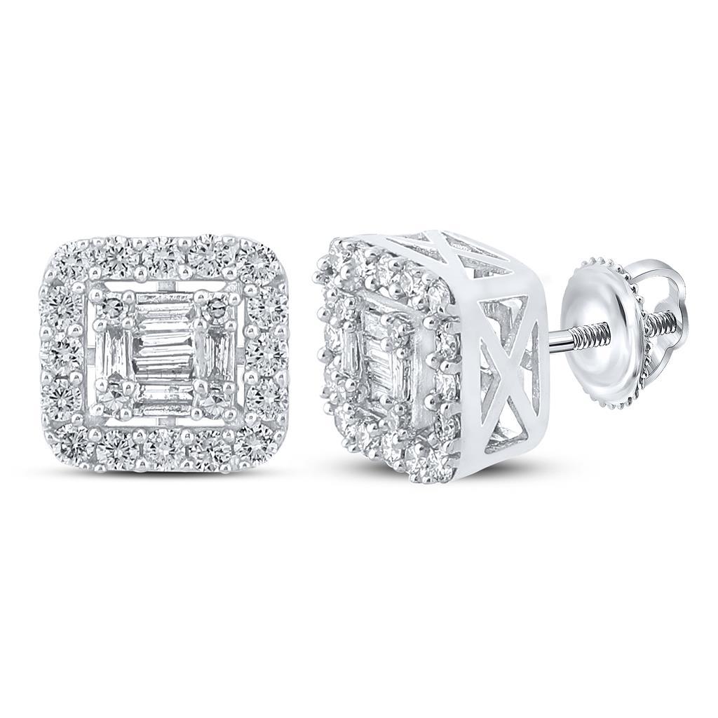 Baguette Cushion Cluster Diamond Earrings .63cttw 10K White Gold HipHopBling