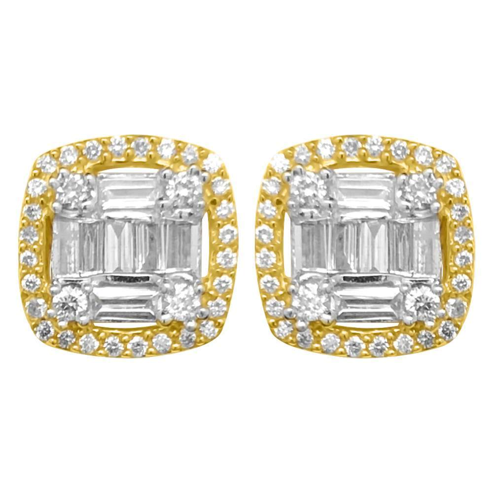 Baguette Cushion Cluster Diamond Earrings .80cttw 10K Yellow Gold HipHopBling