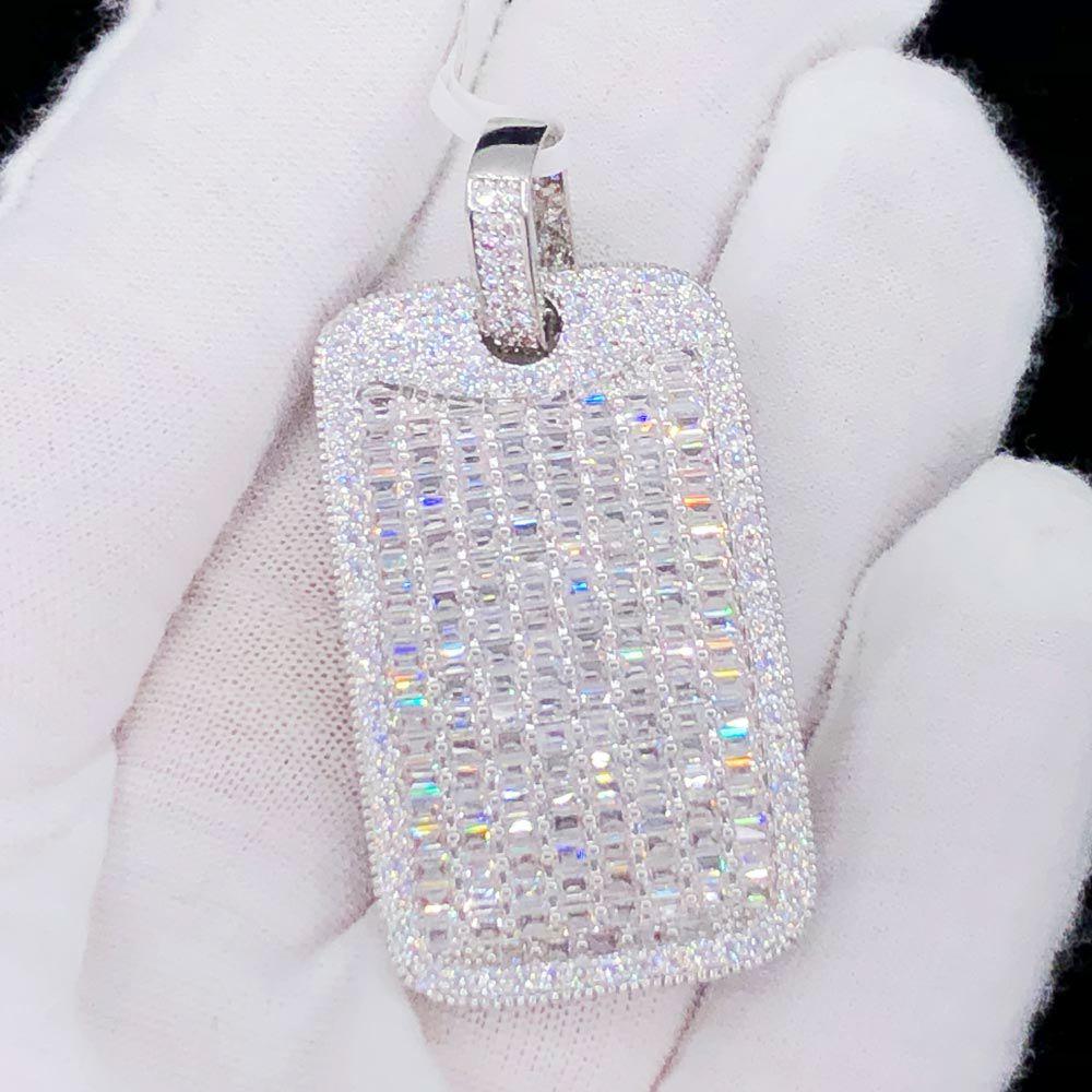 Baguette Dog Tag VVS CZ Hip Hop Bling Iced Out Pendant White Gold HipHopBling