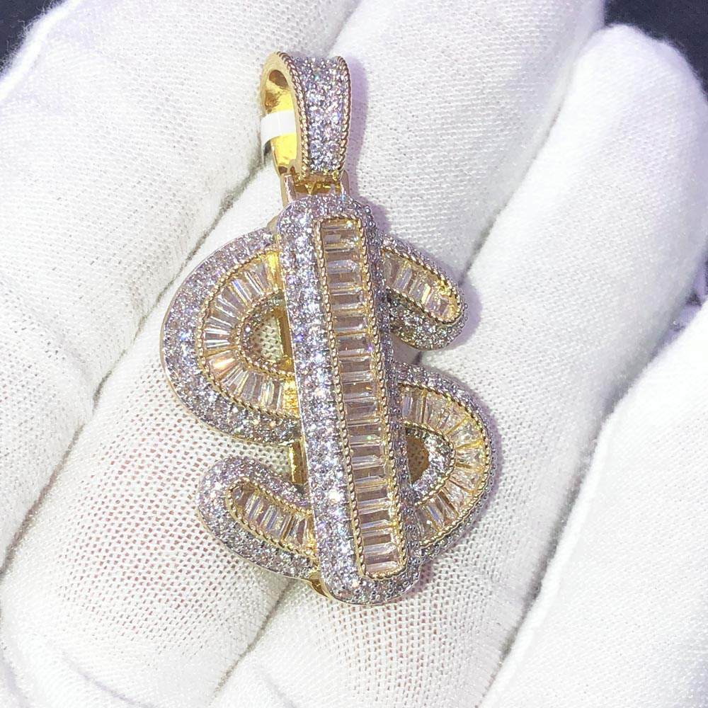 Baguette $ Dollar Sign Basic CZ Hip Hop Bling Bling Pendant Yellow Gold HipHopBling