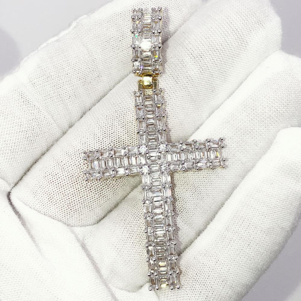 Baguette Domed Cross VVS CZ Hip Hop Iced Out Pendant Yellow Gold HipHopBling