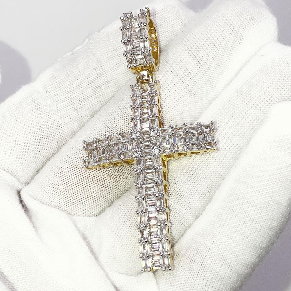 Baguette Domed Cross VVS CZ Hip Hop Iced Out Pendant Yellow Gold HipHopBling