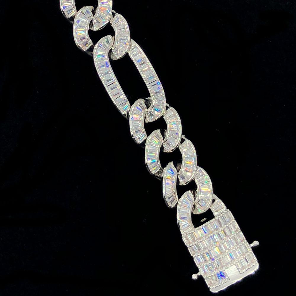 Baguette Figaro Link CZ Iced Out Hip Hop Bracelet White Gold 8" HipHopBling