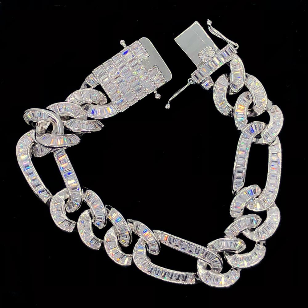 Baguette Figaro Link CZ Iced Out Hip Hop Bracelet White Gold 8" HipHopBling