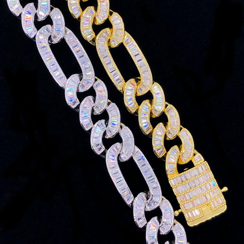 Baguette Figaro Link CZ Iced Out Hip Hop Bracelet Yellow Gold 8" HipHopBling