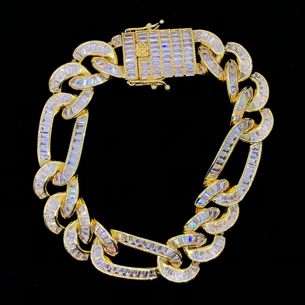 Baguette Figaro Link CZ Iced Out Hip Hop Bracelet Yellow Gold 8" HipHopBling