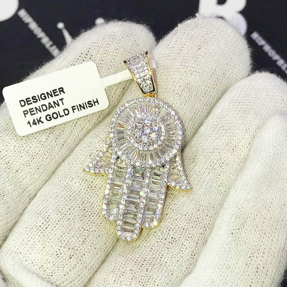 Baguette Hamsa CZ Hip Hop Bling Bling Pendant Yellow Gold HipHopBling