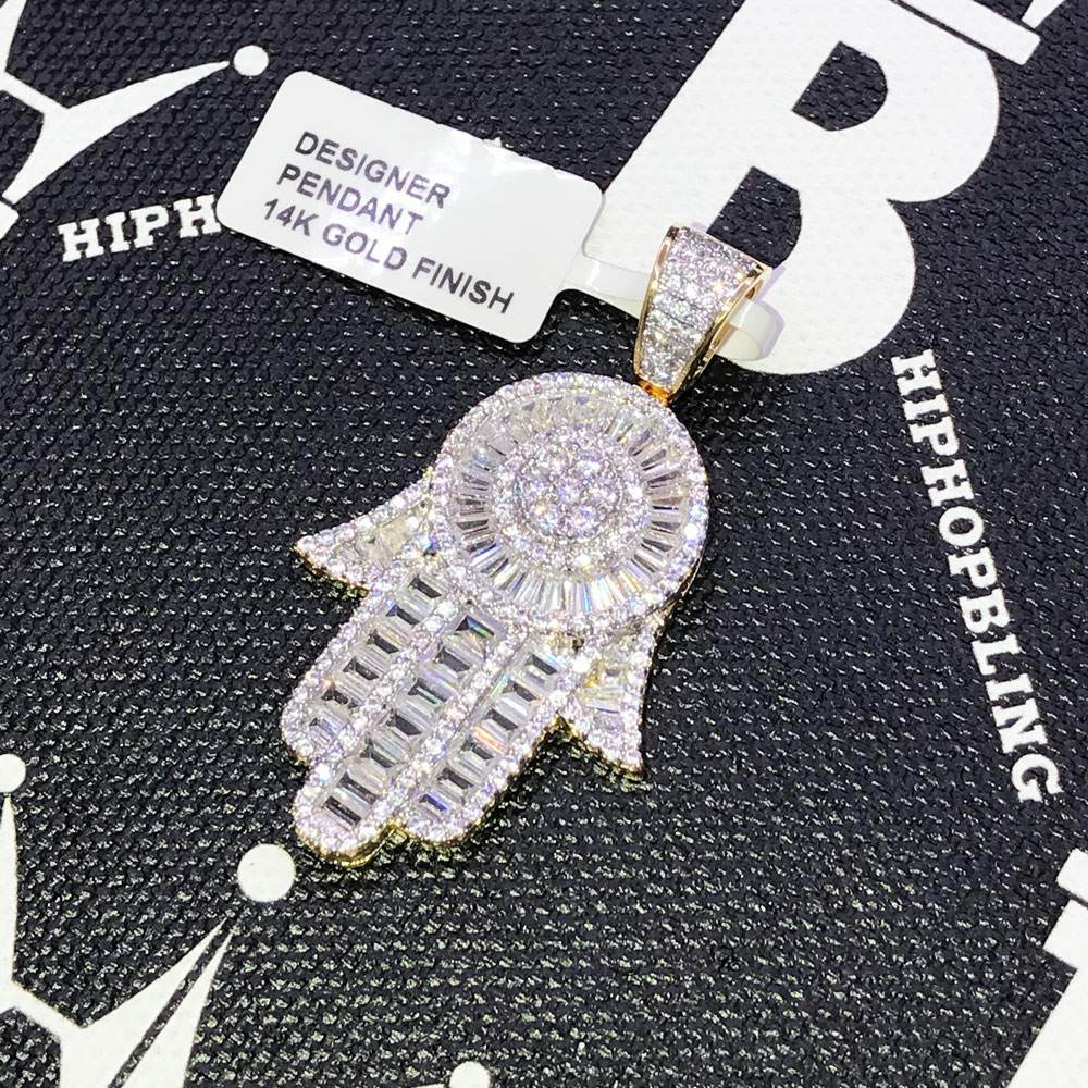 Baguette Hamsa CZ Hip Hop Bling Bling Pendant Yellow Gold HipHopBling