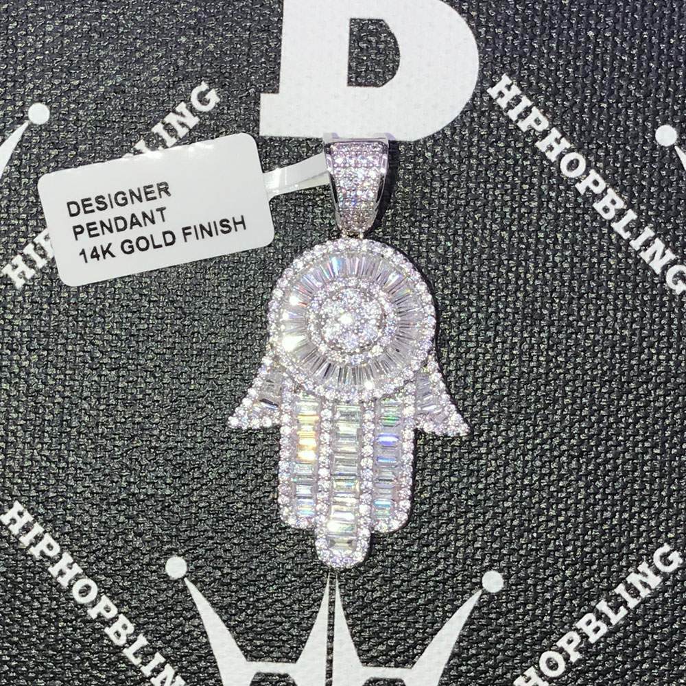 Baguette Hamsa CZ Hip Hop Bling Bling Pendant Yellow Gold HipHopBling
