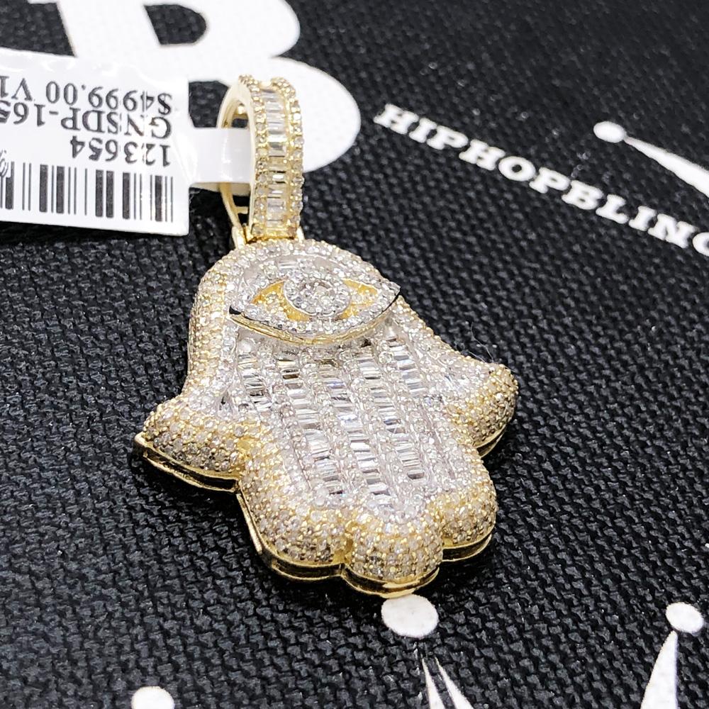 Baguette Hamsa Diamond Pendant 1.85cttw 10K Yellow Gold HipHopBling