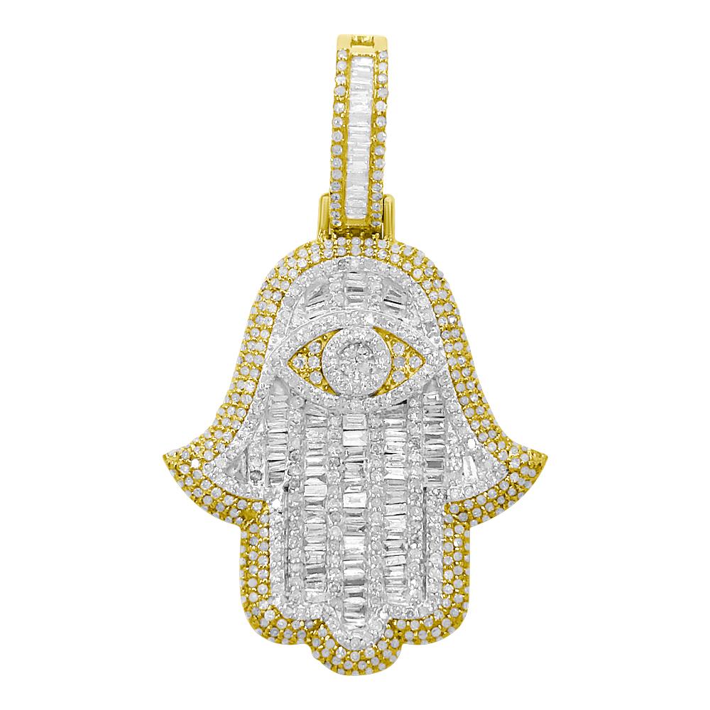 Baguette Hamsa Diamond Pendant 1.85cttw 10K Yellow Gold HipHopBling