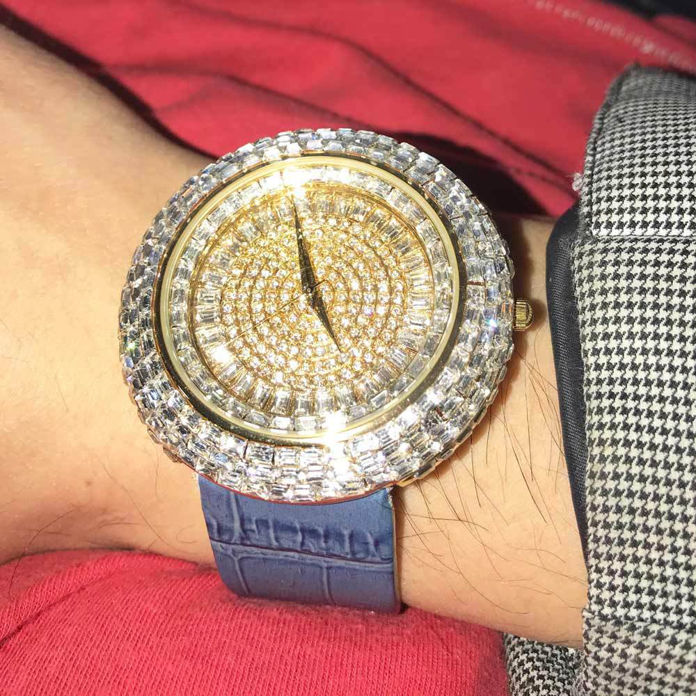 Baguette Ice Orbit Gold Bling Bling Watch Blue HipHopBling
