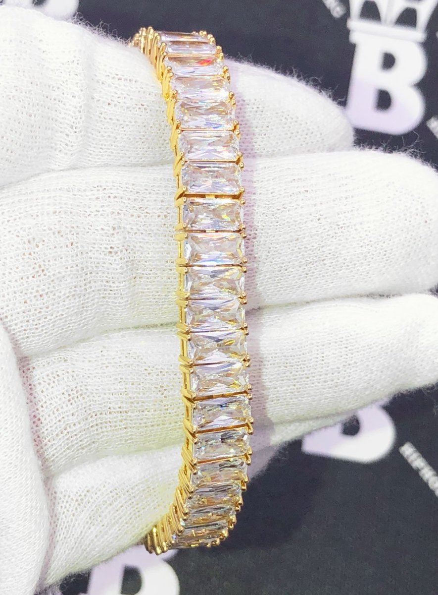 Baguette Iced Out Hip Hop Tennis Bracelet Yellow Gold 7" HipHopBling
