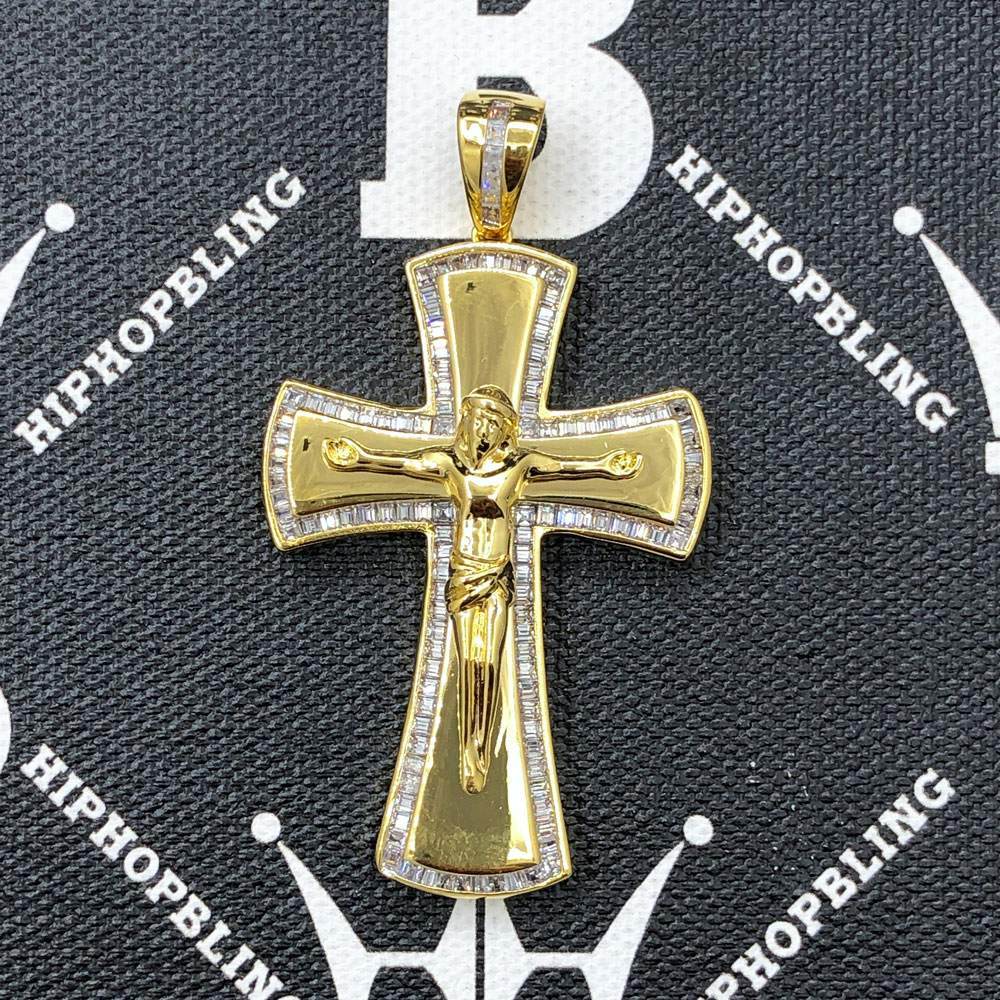 Baguette Jesus Crucifix CZ Hip Hop Bling Bling Pendant Yellow Gold HipHopBling