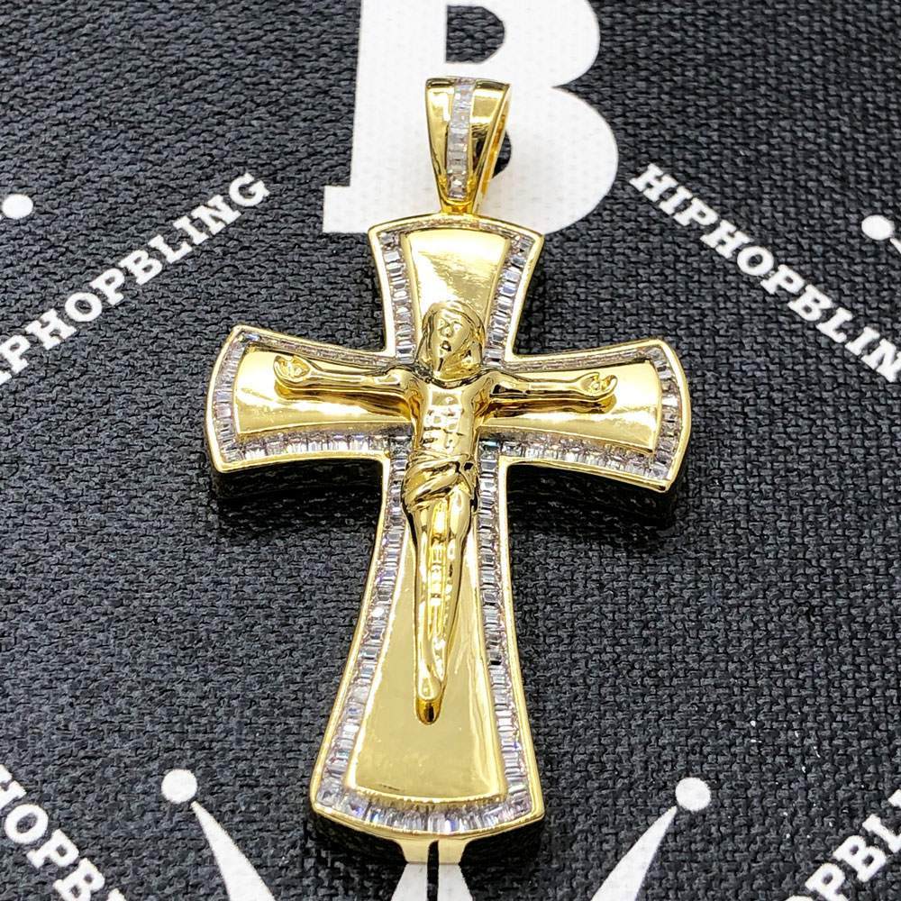 Baguette Jesus Crucifix CZ Hip Hop Bling Bling Pendant Yellow Gold HipHopBling
