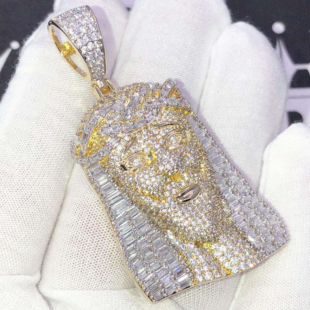 Baguette Jesus Piece Hip Hop CZ Iced Out Pendant Yellow Gold HipHopBling