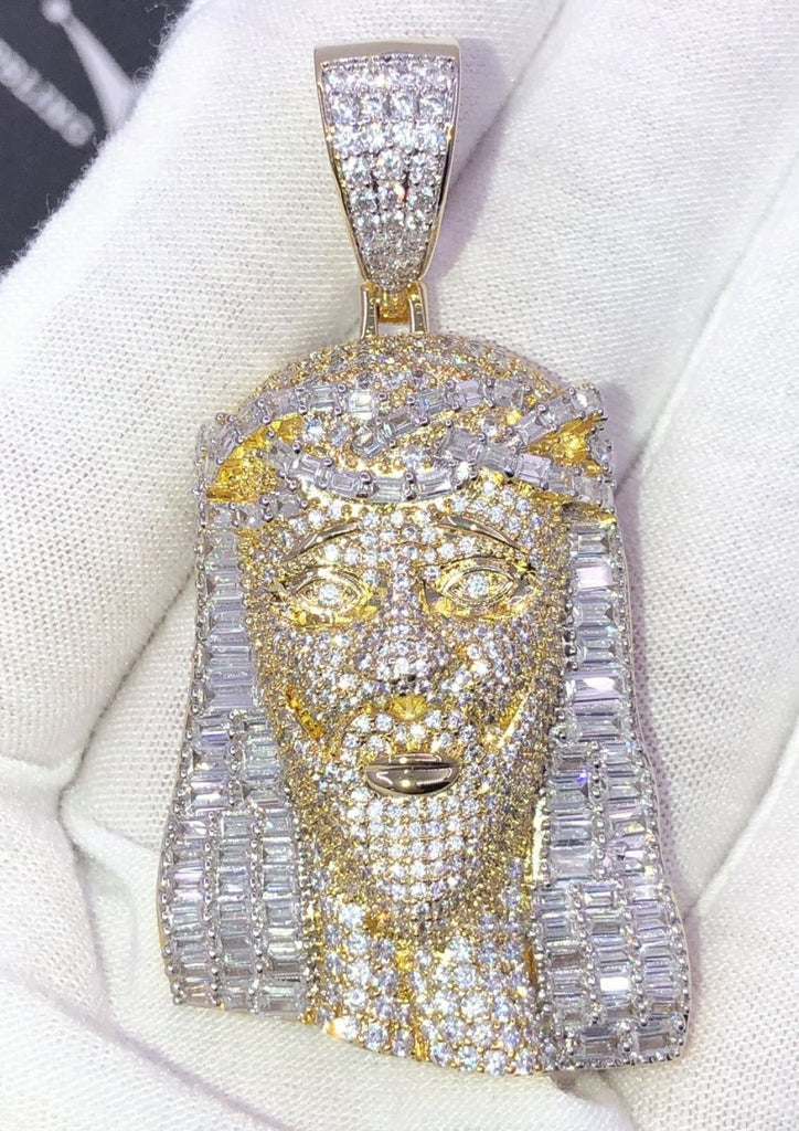 Baguette Jesus Piece Hip Hop CZ Iced Out Pendant Yellow Gold HipHopBling