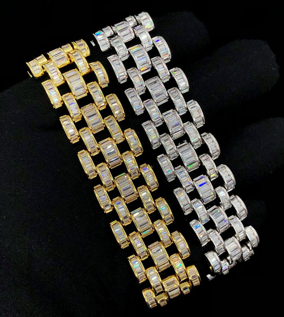 Baguette Jubilee CZ Iced Out Hip Hop Bling Bracelet Yellow Gold 7" HipHopBling