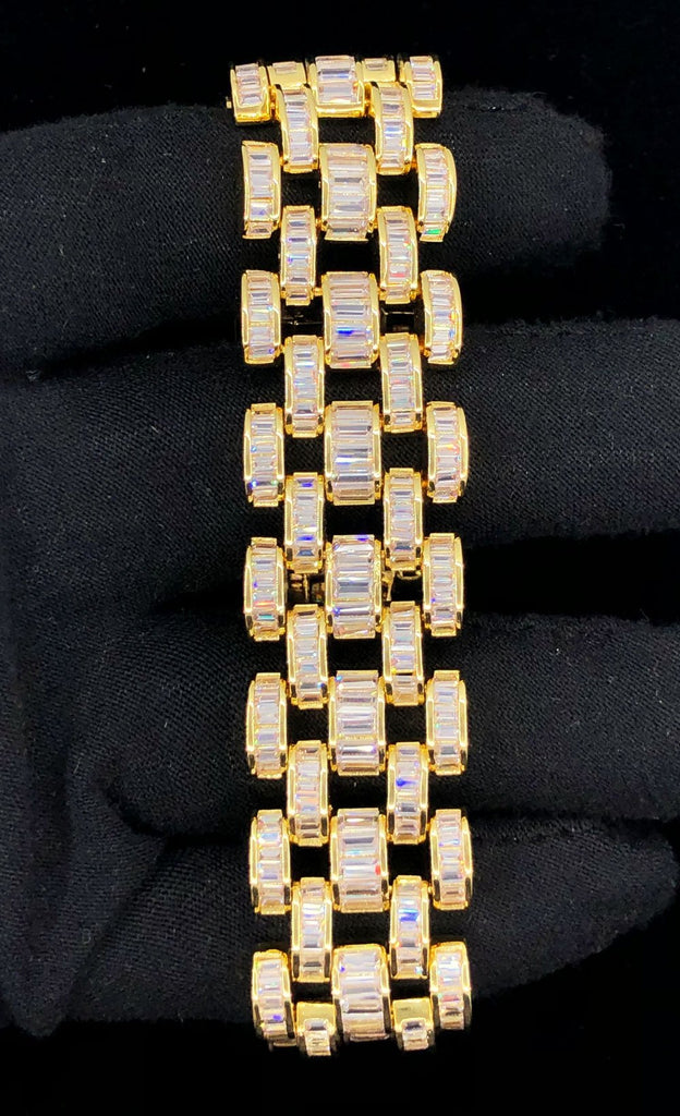 Baguette Jubilee CZ Iced Out Hip Hop Bling Bracelet Yellow Gold 7" HipHopBling