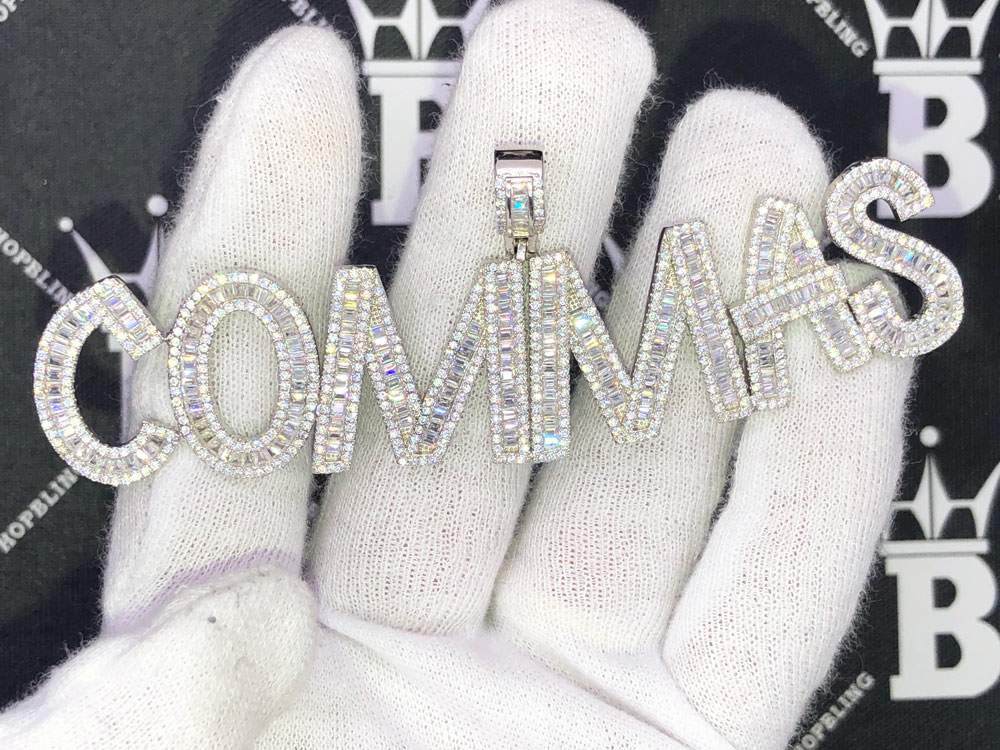 Baguette Letter Custom Personalized Iced Out Name Pendant Brass White Gold 2 HipHopBling