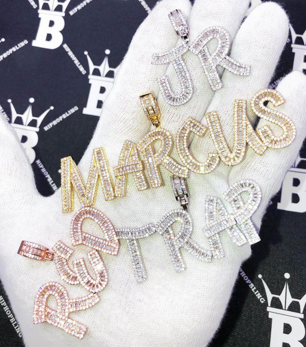 Baguette Letter Custom Personalized Iced Out Name Pendant Brass Yellow Gold 2 HipHopBling