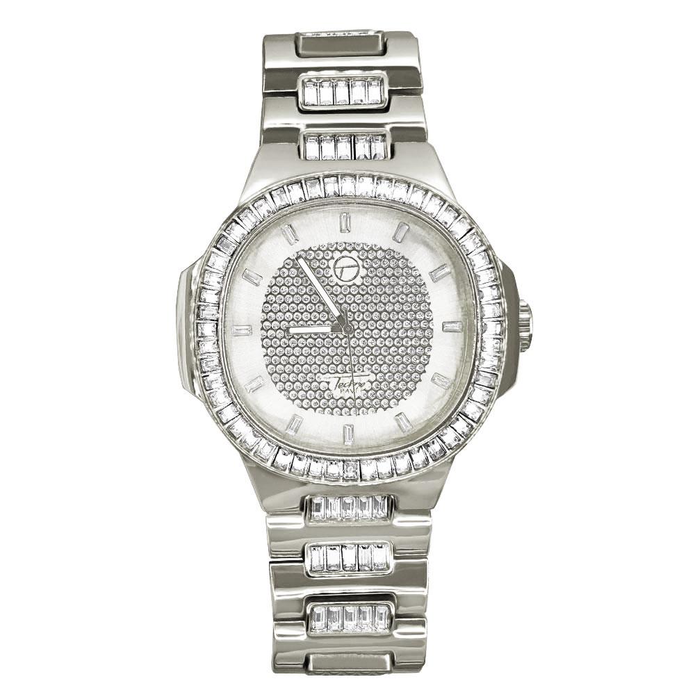 Baguette Modern Iced Out Bling Hip Hop Watch White Gold HipHopBling