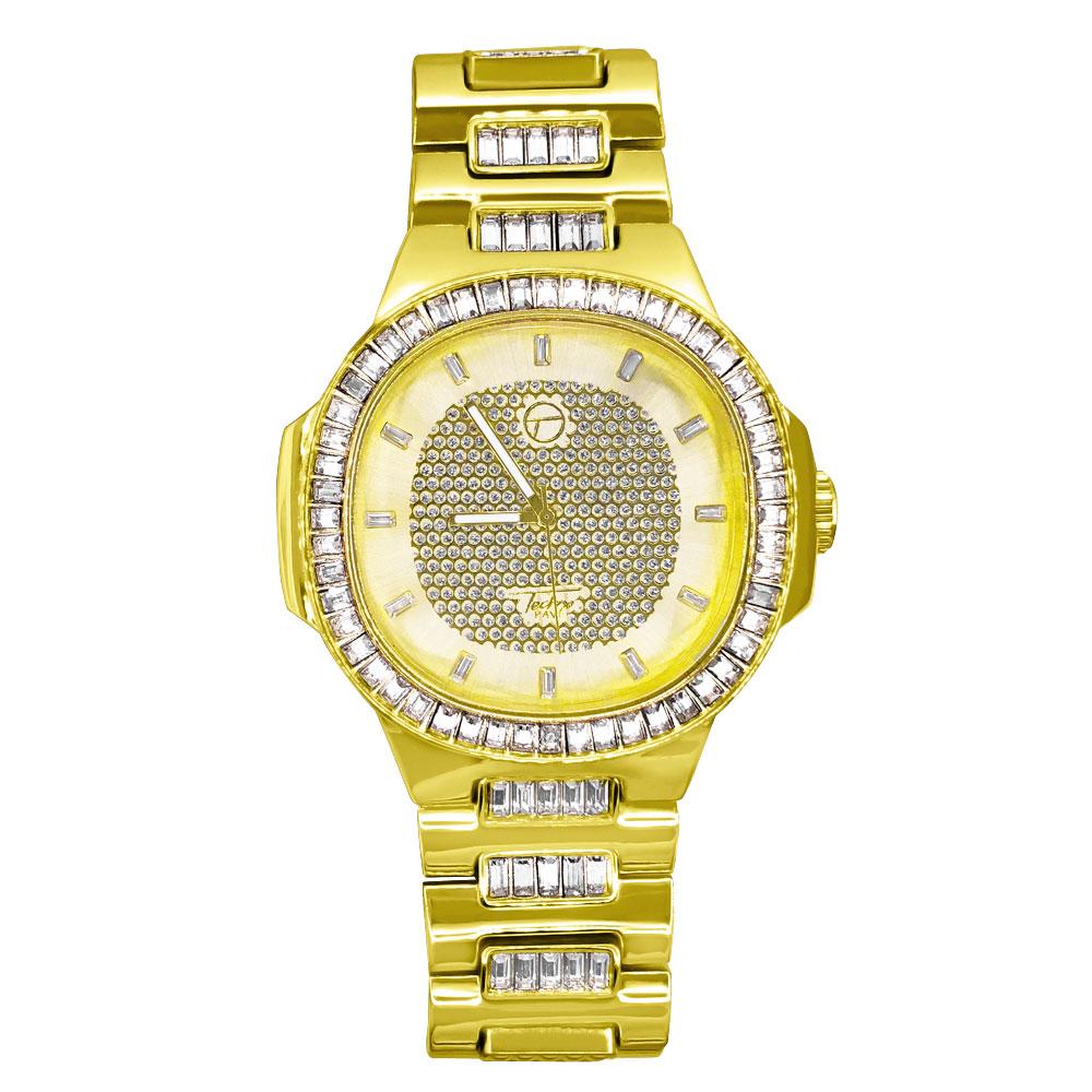 Baguette Modern Iced Out Bling Hip Hop Watch Yellow Gold HipHopBling