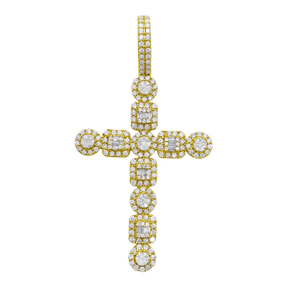 Baguette Multi Cluster Diamond Cross Pendant 1.98cttw 10K Yellow Gold HipHopBling