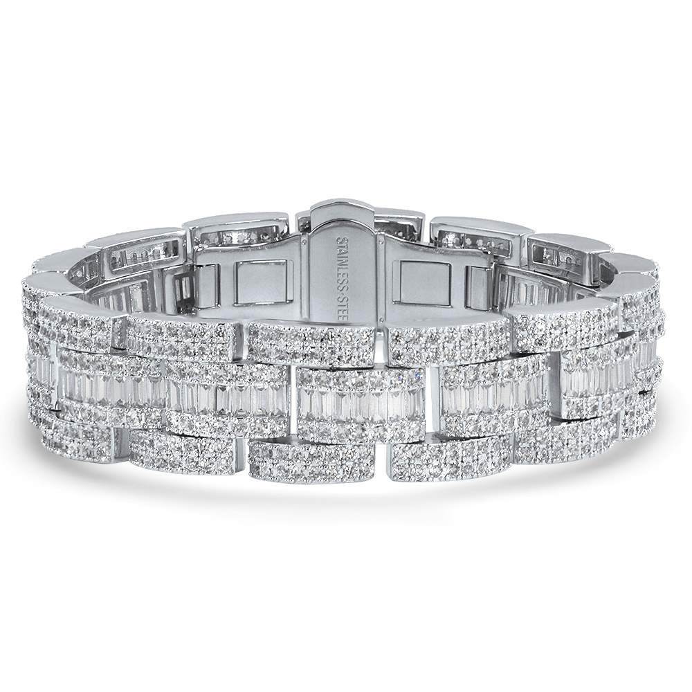 Baguette Oyster Link Custom CZ Iced Out Hip Hop Bracelet White Gold 7" HipHopBling