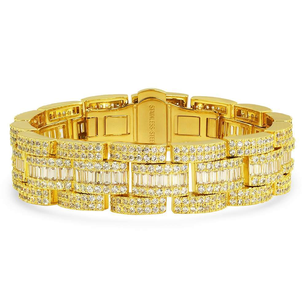 Baguette Oyster Link Custom CZ Iced Out Hip Hop Bracelet Yellow Gold 7" HipHopBling