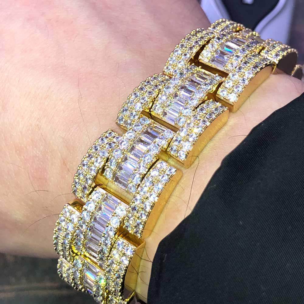 Baguette Oyster Link Custom CZ Iced Out Hip Hop Bracelet Yellow Gold 7" HipHopBling