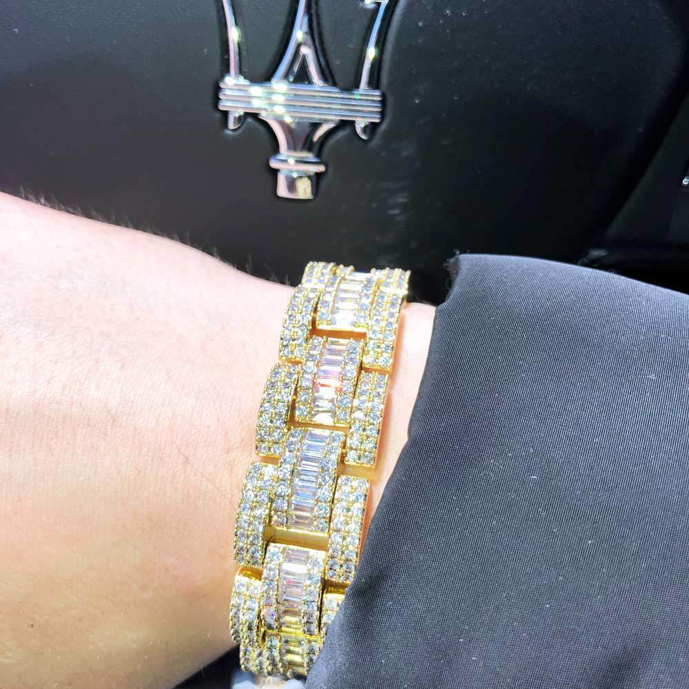Baguette Oyster Link Custom CZ Iced Out Hip Hop Bracelet Yellow Gold 7" HipHopBling