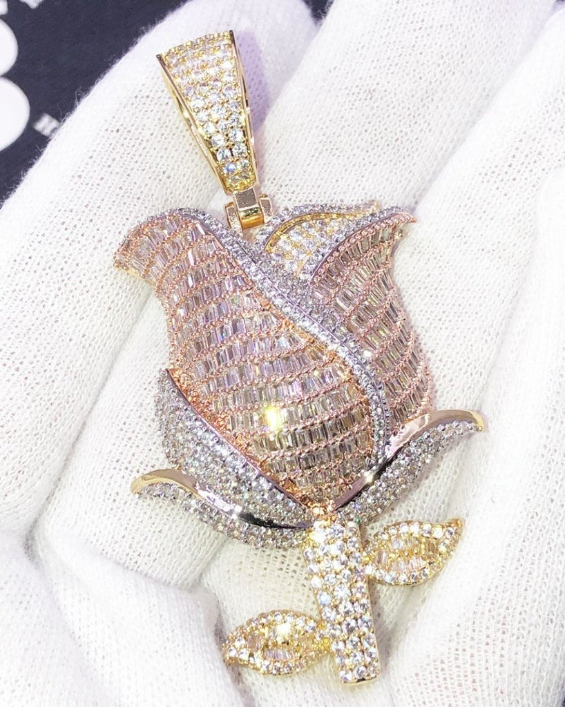 Baguette Rose VVS CZ Hip Hop Iced Out Pendant Yellow Gold HipHopBling